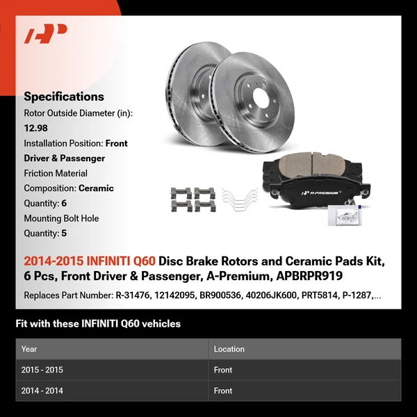 2014-2015 INFINITI Q60 Disc Brake Rotors and Ceramic Pads Kit, 6 Pcs, Front Driver & Passenger, A-Premium, APBRPR919