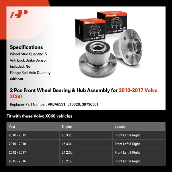 2 Pcs Front Wheel Bearing & Hub Assembly for 2010-2017 Volvo XC60