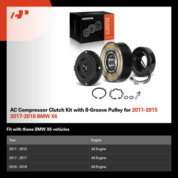 AC Compressor Clutch Kit with 8-Groove Pulley for 2011-2015 2017-2018 BMW X6