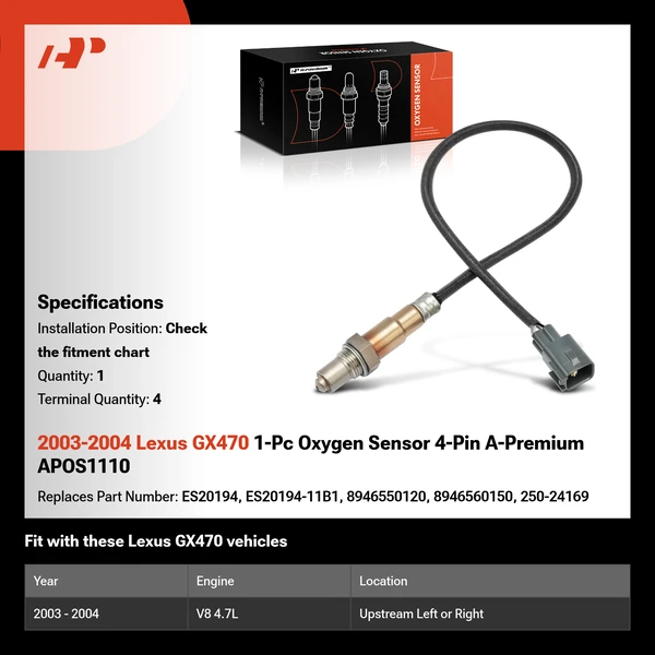 2003-2004 Lexus GX470 1-Pc Oxygen Sensor 4-Pin A-Premium APOS1110