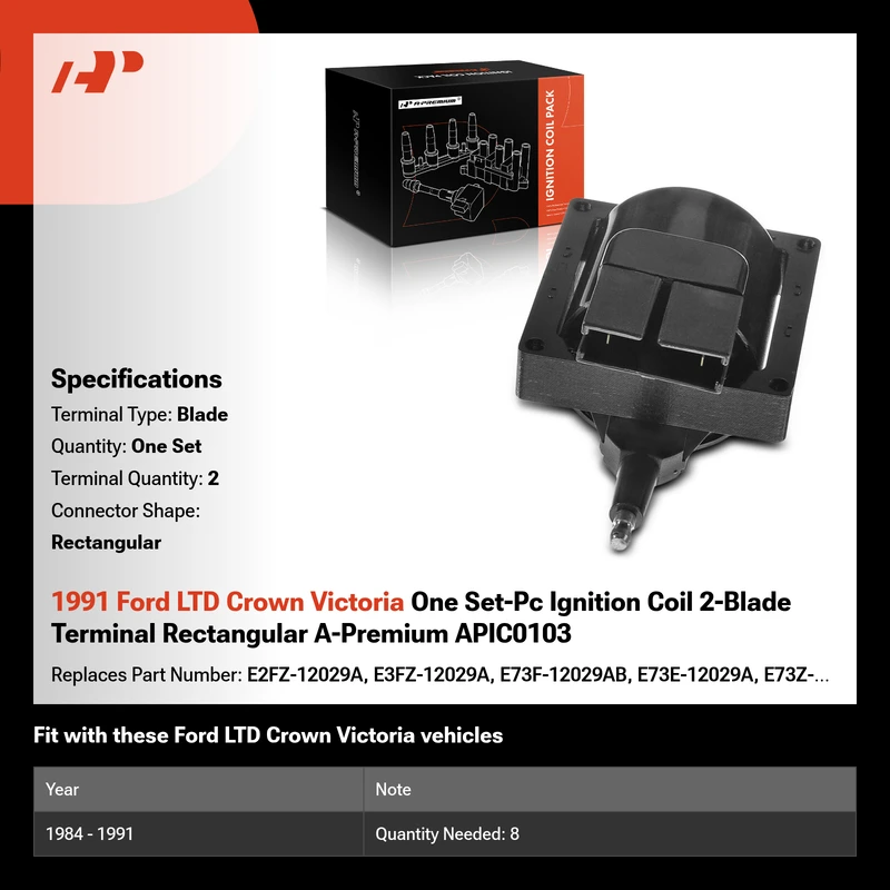 1991 Ford LTD Crown Victoria One Set-Pc Ignition Coil 2-Blade Terminal Rectangular A-Premium APIC0103