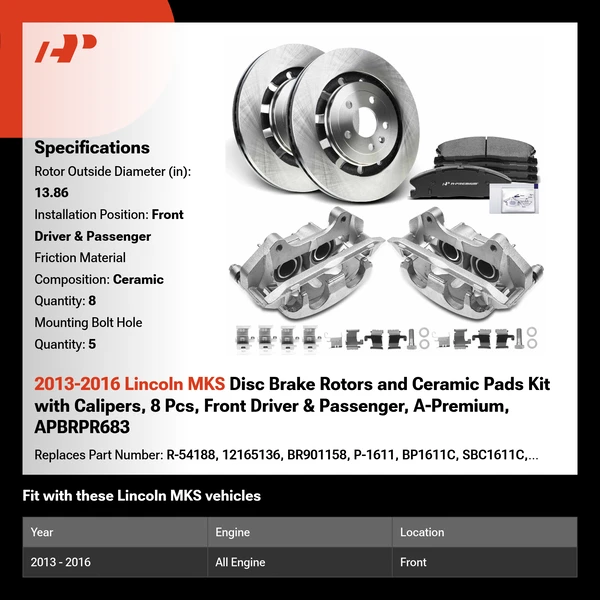 2013-2016 Lincoln MKS Disc Brake Rotors and Ceramic Pads Kit with Calipers, 8 Pcs, Front Driver & Passenger, A-Premium, APBRPR683