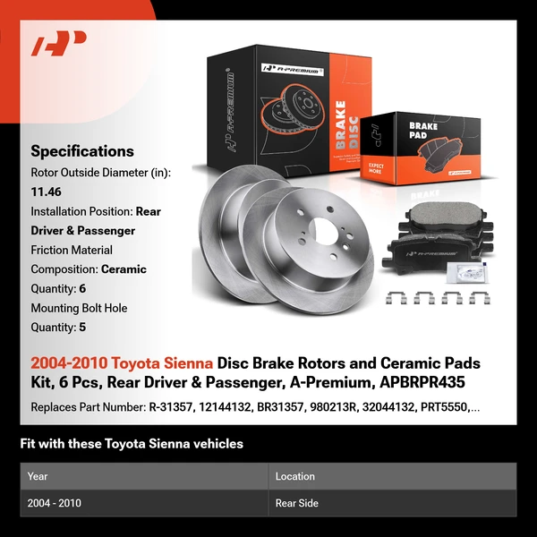2004-2010 Toyota Sienna Disc Brake Rotors and Ceramic Pads Kit, 6 Pcs, Rear Driver & Passenger, A-Premium, APBRPR435