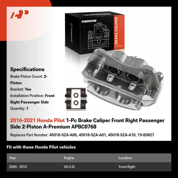 2016-2021 Honda Pilot 1-Pc Brake Caliper Front Right Passenger Side 2-Piston A-Premium APBC0768