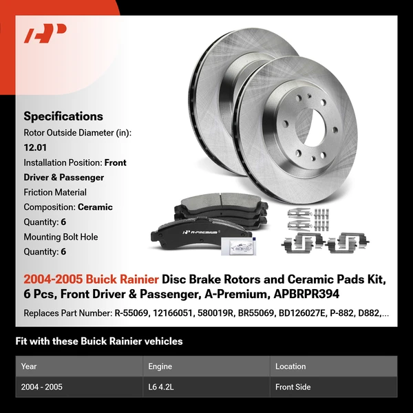2004-2005 Buick Rainier Disc Brake Rotors and Ceramic Pads Kit, 6 Pcs, Front Driver & Passenger, A-Premium, APBRPR394