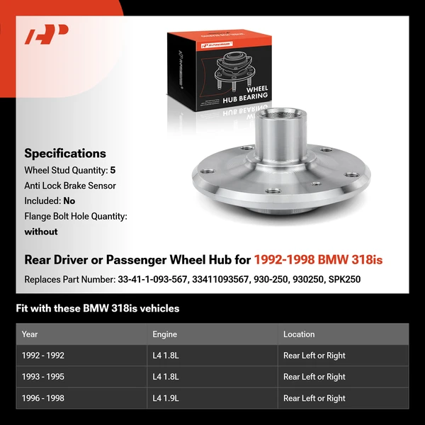 Rear Driver or Passenger Wheel Hub for 1992-1998 BMW 318is