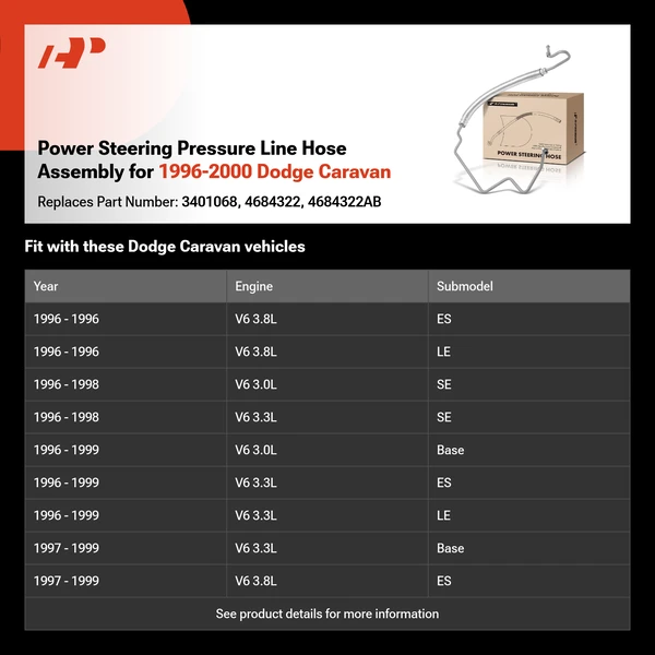 Power Steering Pressure Line Hose Assembly for 1996-2000 Dodge Caravan