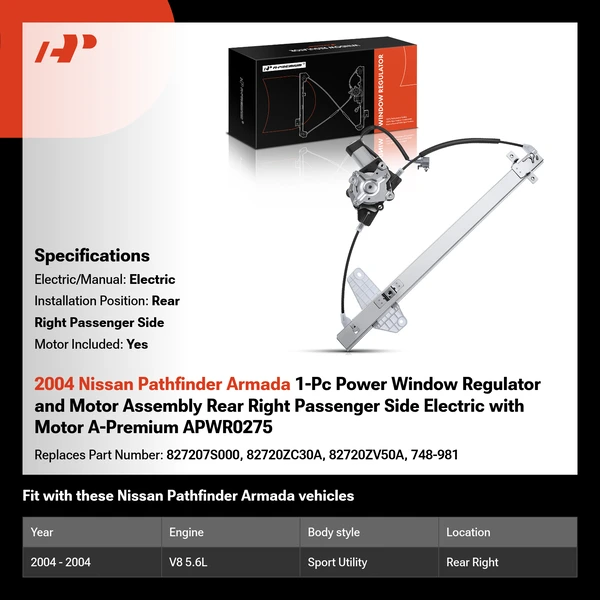 2004 Nissan Pathfinder Armada 1-Pc Power Window Regulator and Motor Assembly Rear Right Passenger Side Electric with Motor A-Premium APWR0275