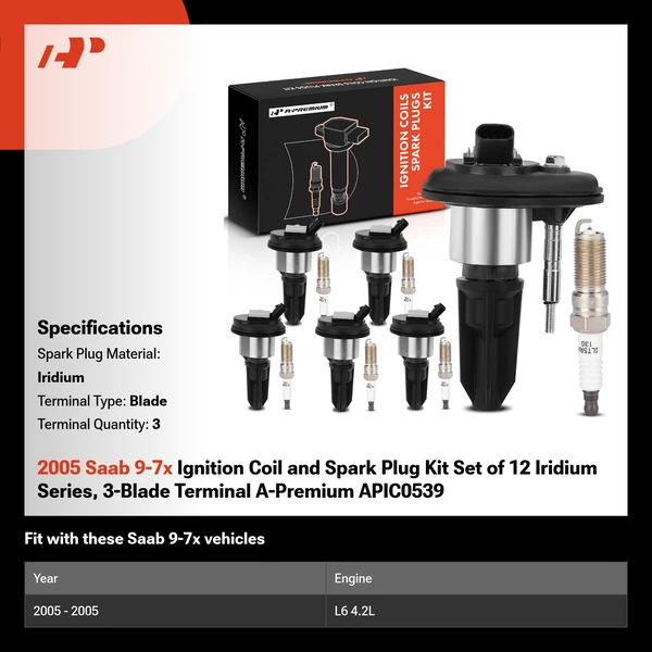 2005 Saab 9-7x Ignition Coil and Spark Plug Kit Set of 12 Iridium Series, 3-Blade Terminal A-Premium APIC0539