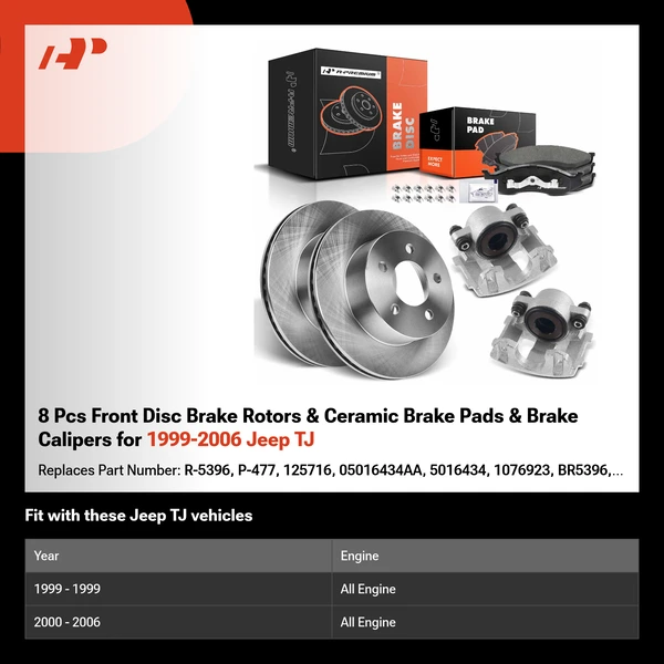 8 Pcs Front Disc Brake Rotors & Ceramic Brake Pads & Brake Calipers for 1999-2006 Jeep TJ