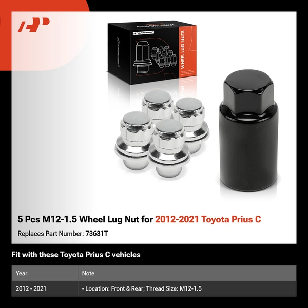 5 Pcs M12-1.5 Wheel Lug Nut for 2012-2021 Toyota Prius C