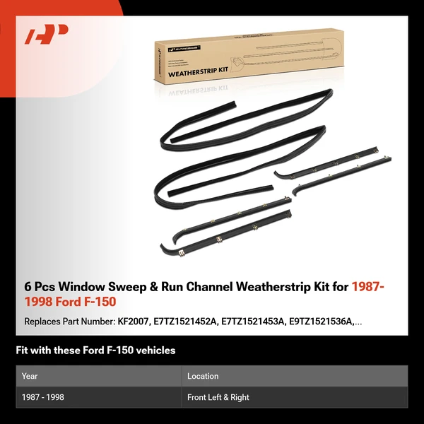 6 Pcs Window Sweep & Run Channel Weatherstrip Kit for 1987-1998 Ford F-150