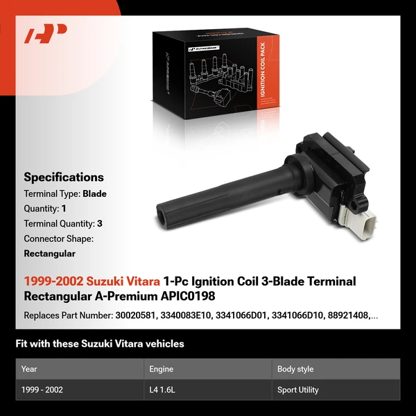 1999-2002 Suzuki Vitara 1-Pc Ignition Coil 3-Blade Terminal Rectangular A-Premium APIC0198