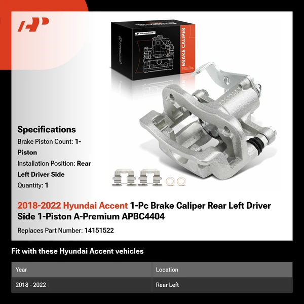 2018-2022 Hyundai Accent 1-Pc Brake Caliper Rear Left Driver Side 1-Piston A-Premium APBC4404