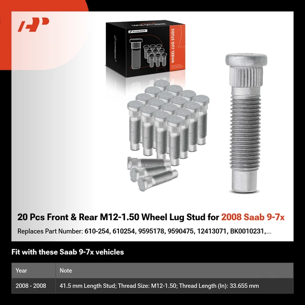 20 Pcs Front & Rear M12-1.50 Wheel Lug Stud for 2008 Saab 9-7x