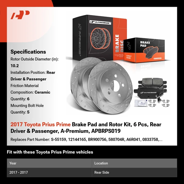 2017 Toyota Prius Prime Brake Pad and Rotor Kit, 6 Pcs, Rear Driver & Passenger, A-Premium, APBRPS019