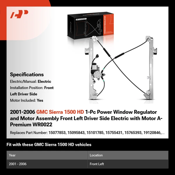 2001-2006 GMC Sierra 1500 HD 1-Pc Power Window Regulator and Motor Assembly Front Left Driver Side Electric with Motor A-Premium WR0022