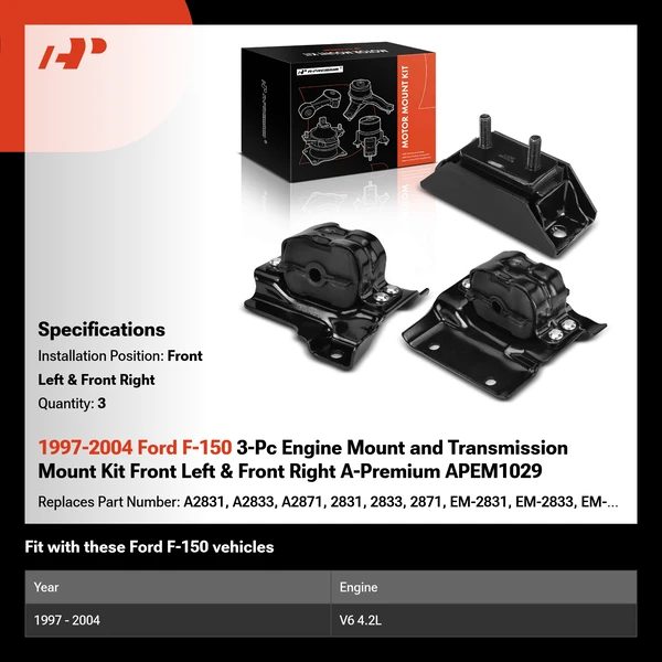 1997-2004 Ford F-150 3-Pc Engine Mount and Transmission Mount Kit Front Left & Front Right A-Premium APEM1029
