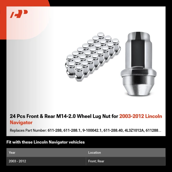 24 Pcs Front & Rear M14-2.0 Wheel Lug Nut for 2003-2012 Lincoln Navigator