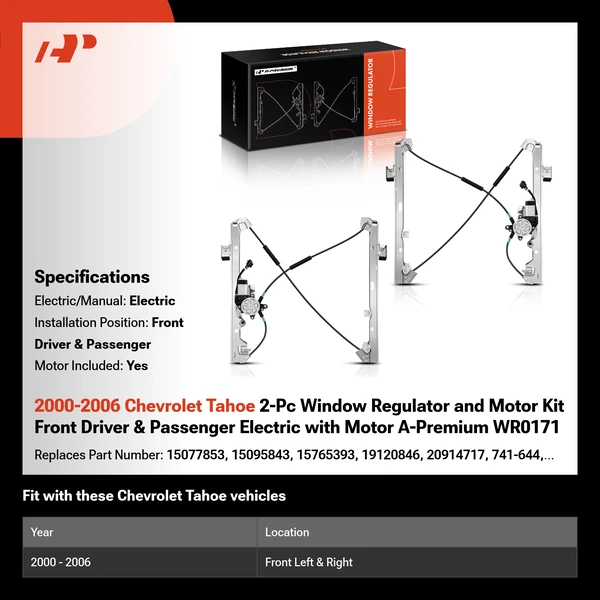 2000-2006 Chevrolet Tahoe 2-Pc Window Regulator and Motor Kit Front Driver & Passenger Electric with Motor A-Premium WR0171