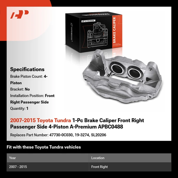 2007-2015 Toyota Tundra 1-Pc Brake Caliper Front Right Passenger Side 4-Piston A-Premium APBC0488