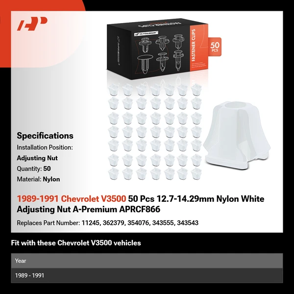 1989-1991 Chevrolet V3500 50 Pcs 12.7-14.29mm Nylon White Adjusting Nut A-Premium APRCF866