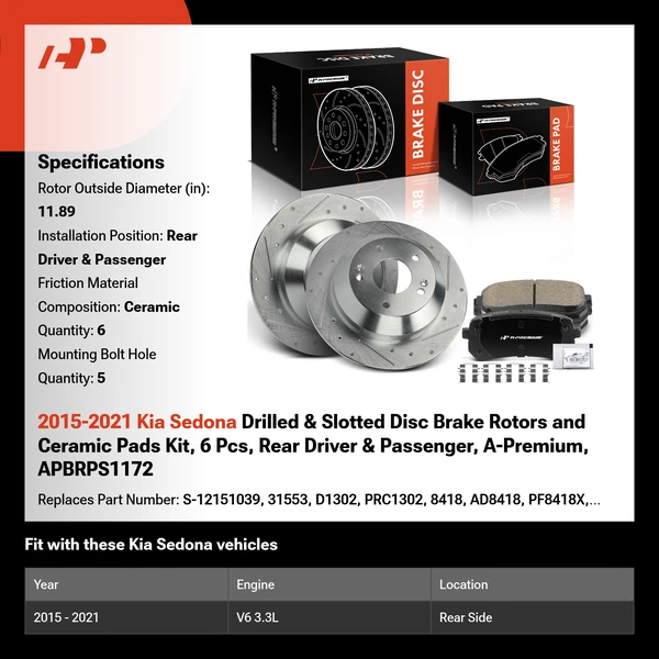 2015-2021 Kia Sedona Drilled & Slotted Disc Brake Rotors and Ceramic Pads Kit, 6 Pcs, Rear Driver & Passenger, A-Premium, APBRPS1172