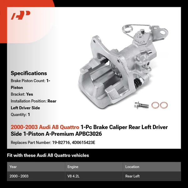 2000-2003 Audi A8 Quattro 1-Pc Brake Caliper Rear Left Driver Side 1-Piston A-Premium APBC3026
