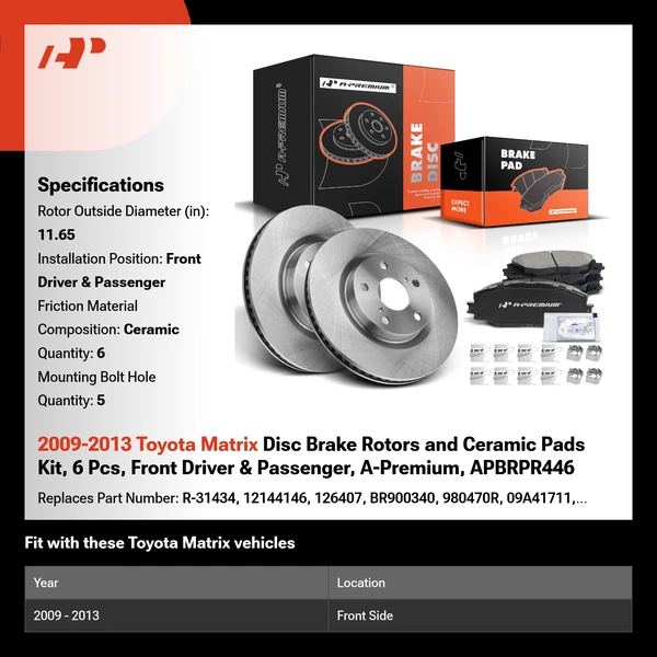 2009-2013 Toyota Matrix Disc Brake Rotors and Ceramic Pads Kit, 6 Pcs, Front Driver & Passenger, A-Premium, APBRPR446