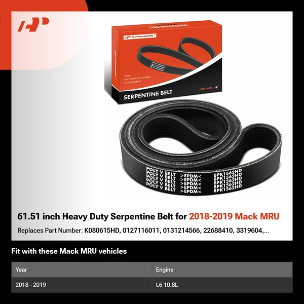 61.51 inch Heavy Duty Serpentine Belt for 2018-2019 Mack MRU