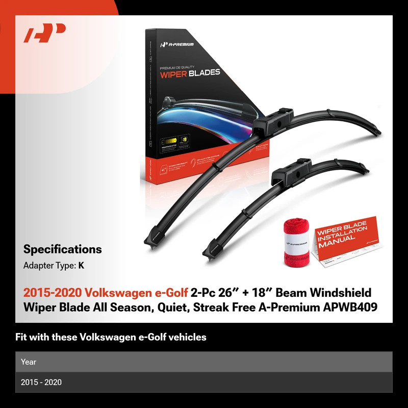 2015-2020 Volkswagen e-Golf 2-Pc 26″ + 18″ Beam Windshield Wiper Blade All Season, Quiet, Streak Free A-Premium APWB409