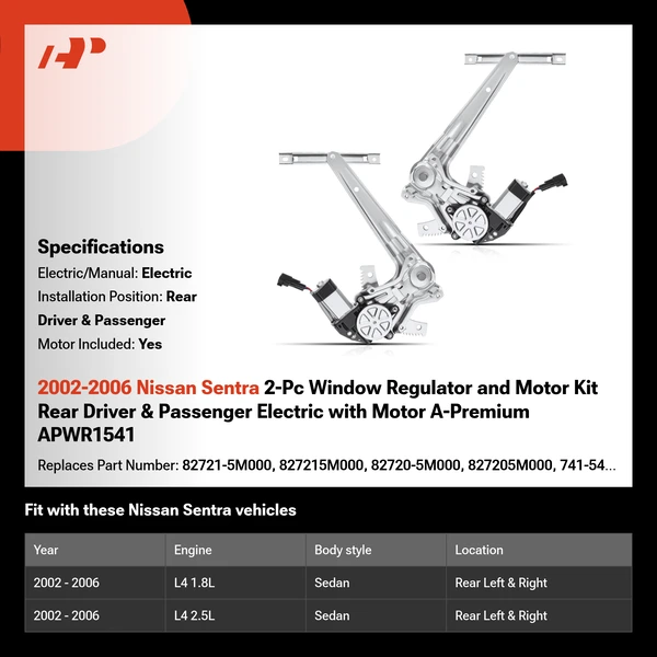 2002-2006 Nissan Sentra 2-Pc Window Regulator and Motor Kit Rear Driver & Passenger Electric with Motor A-Premium APWR1541