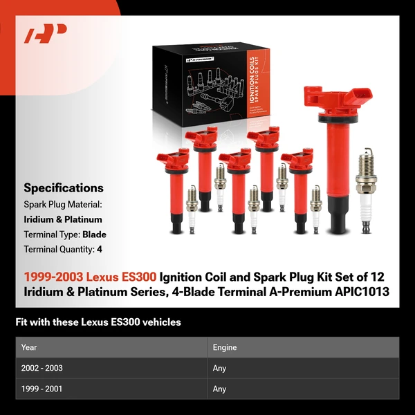 1999-2003 Lexus ES300 Ignition Coil and Spark Plug Kit Set of 12 Iridium & Platinum Series, 4-Blade Terminal A-Premium APIC1013