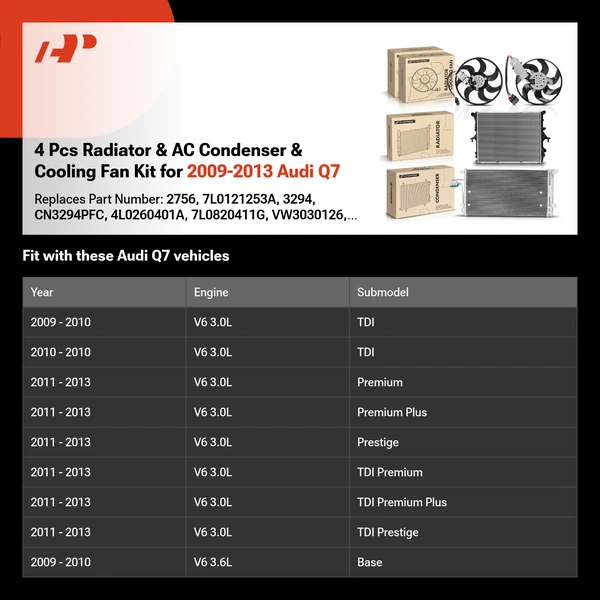 4 Pcs Radiator & AC Condenser & Cooling Fan Kit for 2009-2013 Audi Q7