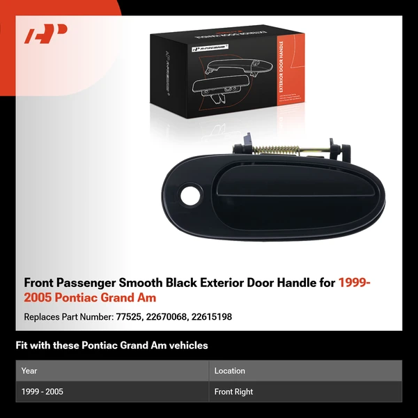 Front Passenger Smooth Black Exterior Door Handle for 1999-2005 Pontiac Grand Am