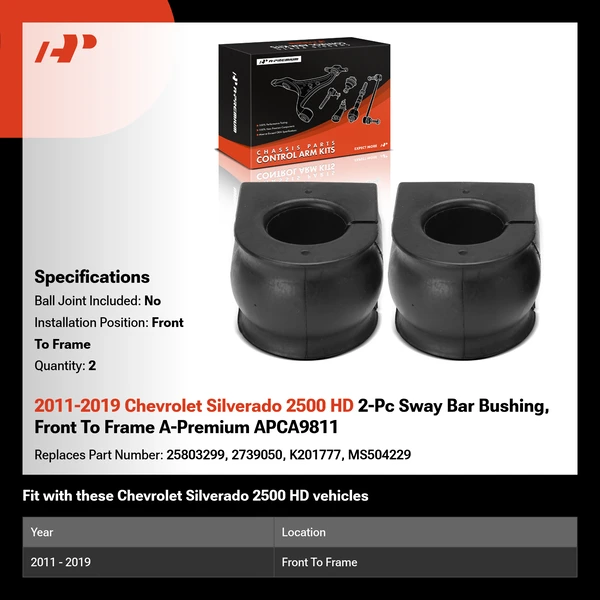 2011-2019 Chevrolet Silverado 2500 HD 2-Pc Sway Bar Bushing, Front To Frame A-Premium APCA9811