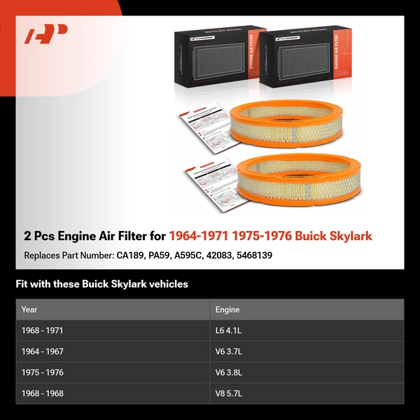 2 Pcs Engine Air Filter for 1964-1971 1975-1976 Buick Skylark