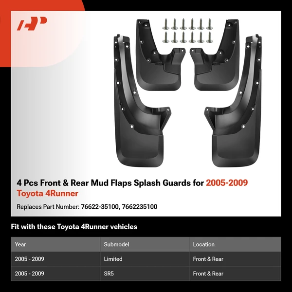 4 Pcs Front & Rear Mud Flaps Splash Guards for 2005-2009 Toyota 4Runner