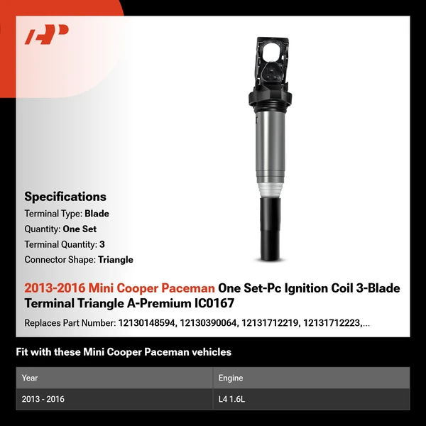 2013-2016 Mini Cooper Paceman One Set-Pc Ignition Coil 3-Blade Terminal Triangle A-Premium IC0167