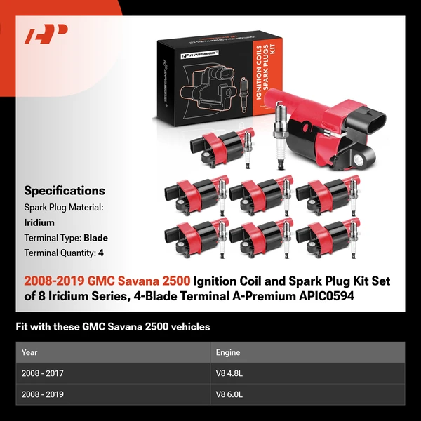 2008-2019 GMC Savana 2500 Ignition Coil and Spark Plug Kit Set of 8 Iridium Series, 4-Blade Terminal A-Premium APIC0594