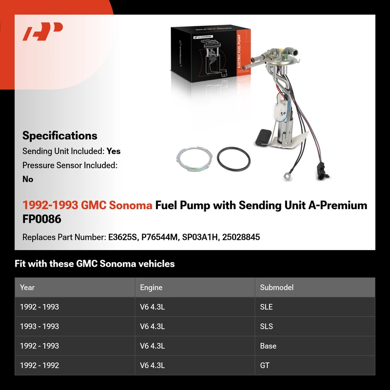1992-1993 GMC Sonoma Fuel Pump with Sending Unit A-Premium FP0086