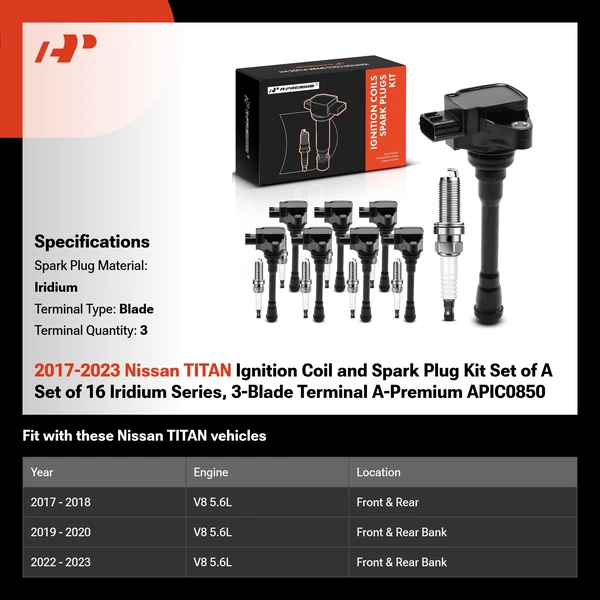 2017-2023 Nissan TITAN Ignition Coil and Spark Plug Kit Set of A Set of 16 Iridium Series, 3-Blade Terminal A-Premium APIC0850