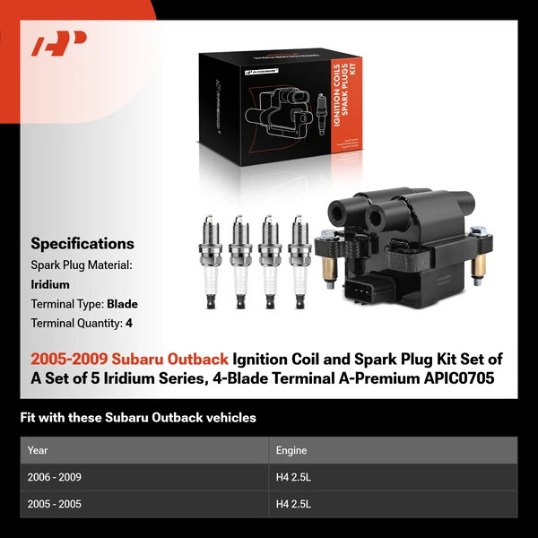 2005-2009 Subaru Outback Ignition Coil and Spark Plug Kit Set of A Set of 5 Iridium Series, 4-Blade Terminal A-Premium APIC0705