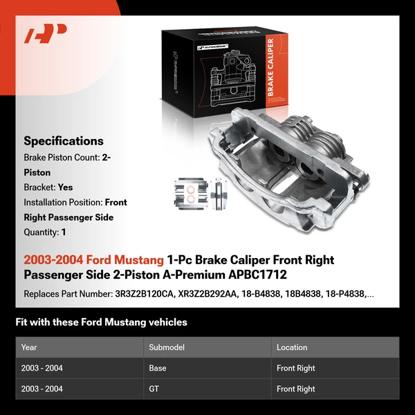 2003-2004 Ford Mustang 1-Pc Brake Caliper Front Right Passenger Side 2-Piston A-Premium APBC1712