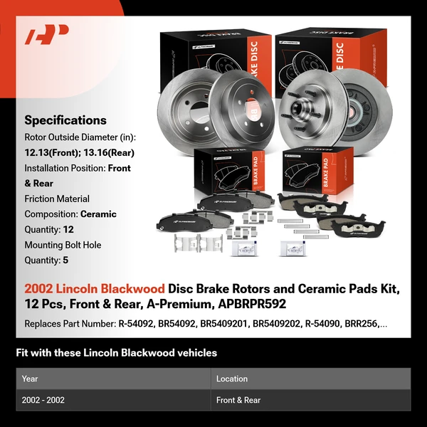 2002 Lincoln Blackwood Disc Brake Rotors and Ceramic Pads Kit, 12 Pcs, Front & Rear, A-Premium, APBRPR592