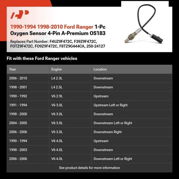 1990-1994 1998-2010 Ford Ranger 1-Pc Oxygen Sensor 4-Pin A-Premium OS183