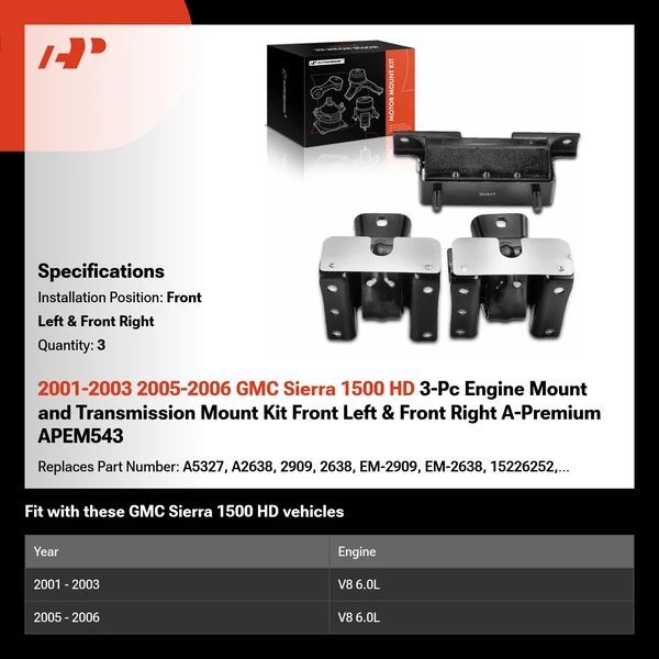2001-2003 2005-2006 GMC Sierra 1500 HD 3-Pc Engine Mount and Transmission Mount Kit Front Left & Front Right A-Premium APEM543