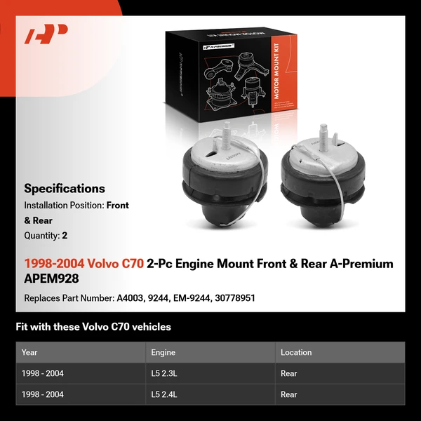 1998-2004 Volvo C70 2-Pc Engine Mount Front & Rear A-Premium APEM928