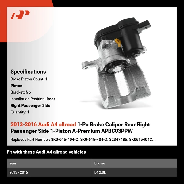 2013-2016 Audi A4 allroad 1-Pc Brake Caliper Rear Right Passenger Side 1-Piston A-Premium APBC03PPW