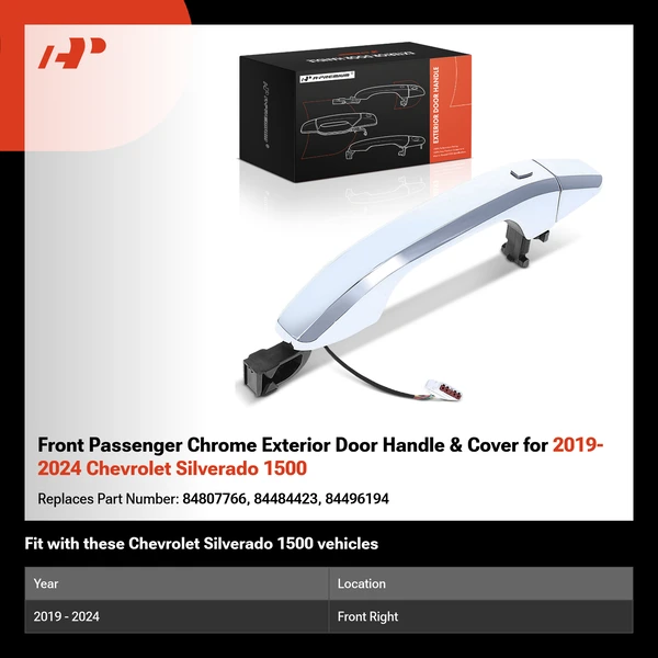 Front Passenger Chrome Exterior Door Handle & Cover for 2019-2024 Chevrolet Silverado 1500